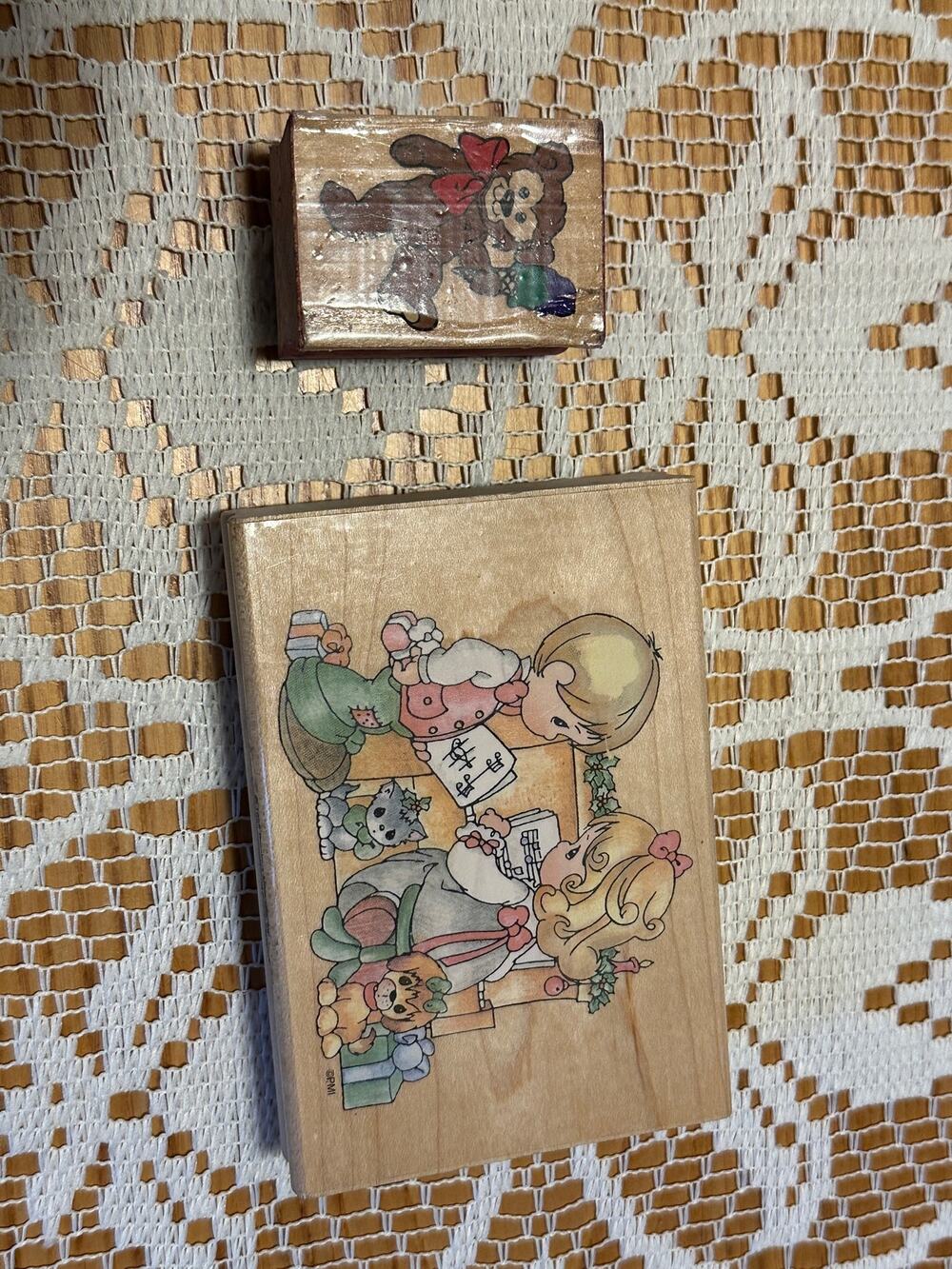 Vintage Precious Moments PMI Christmas Wood Rubber Stamp Lot Holiday Fireplace